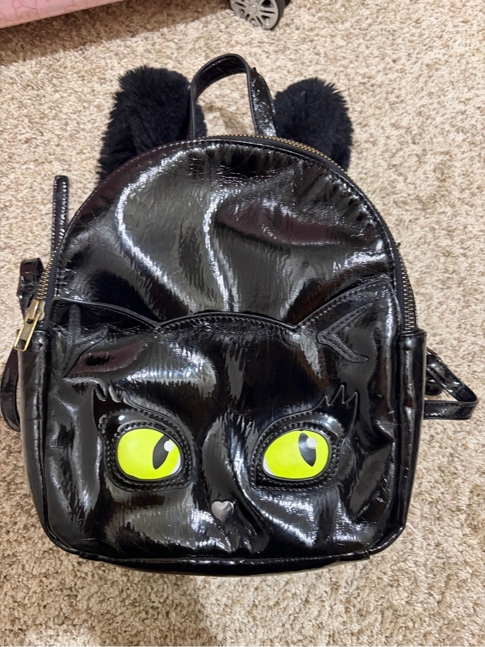 Betsy Johnson Cat Face Mini Backpack with Neon Green Eyes